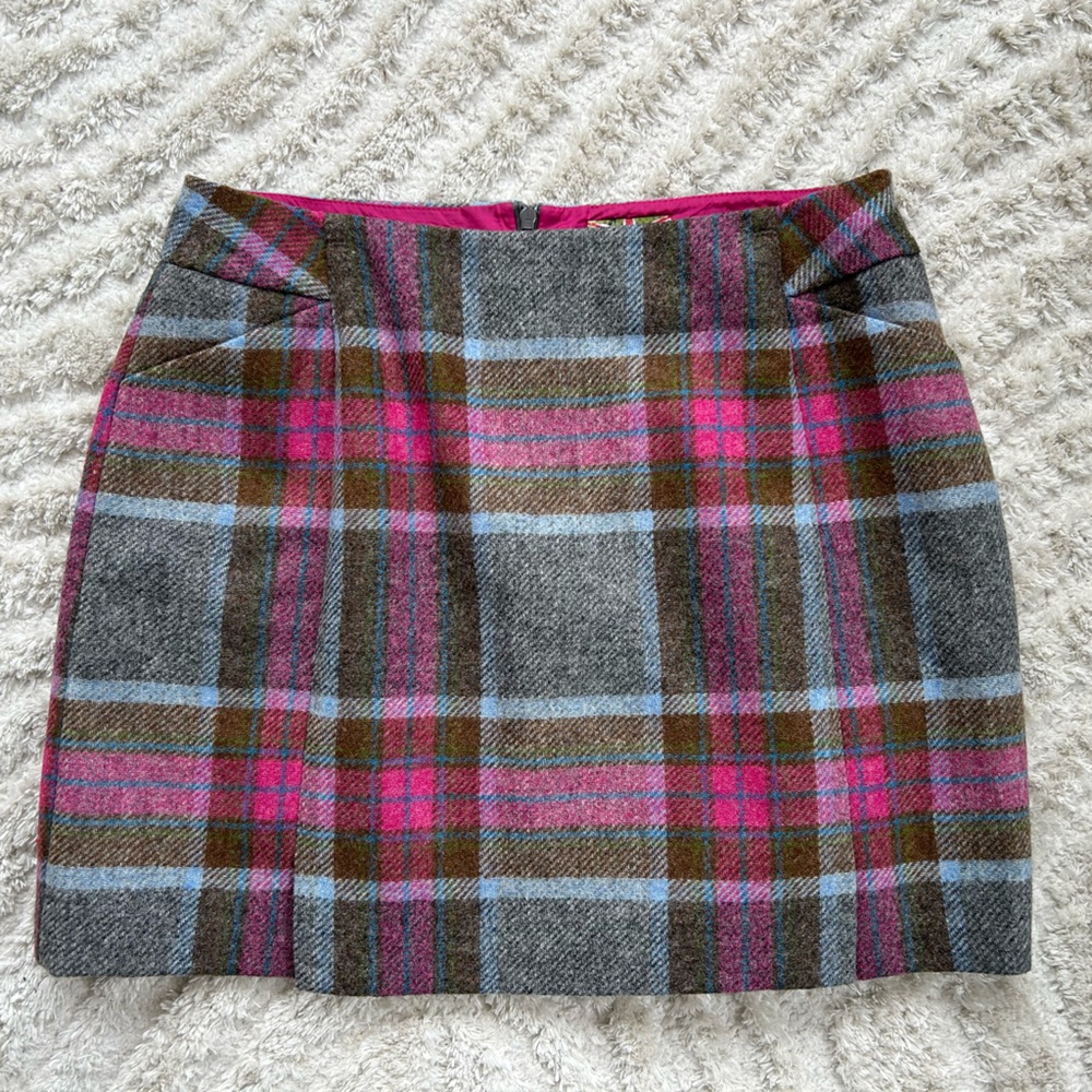 Boden British Tweed Mini Skirt by Moon in Pink, Gray & Brown Plaid